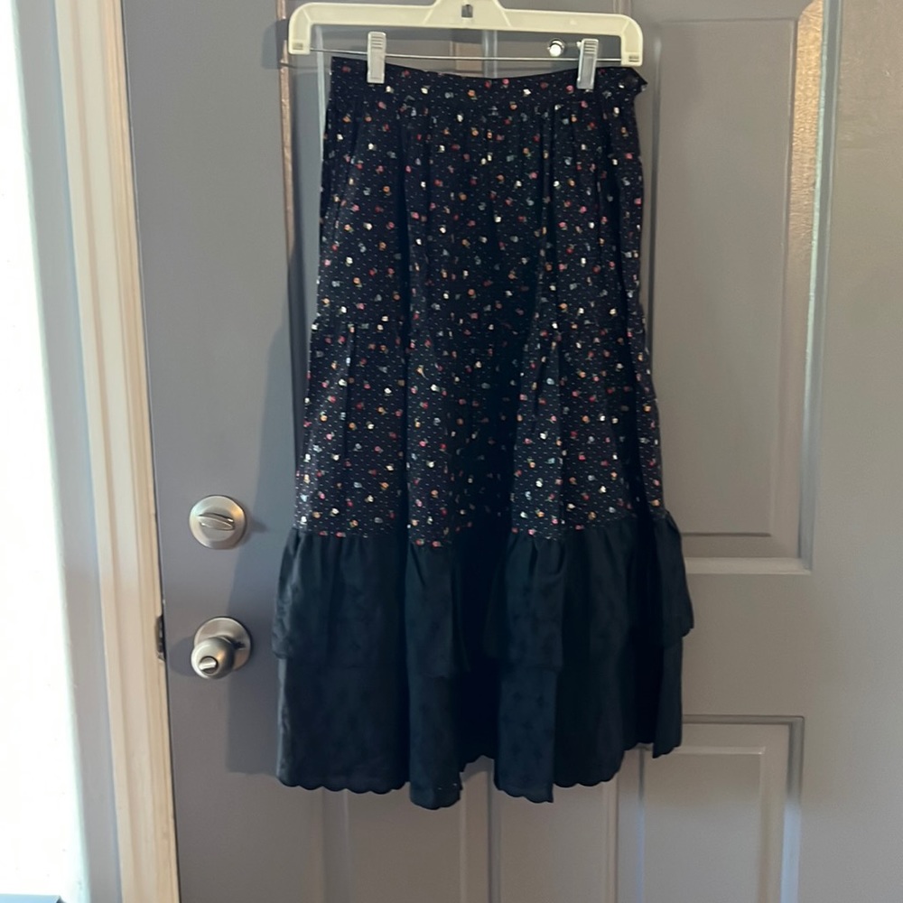 Vintage Black Floral Skirt with Black Lace Ruffles